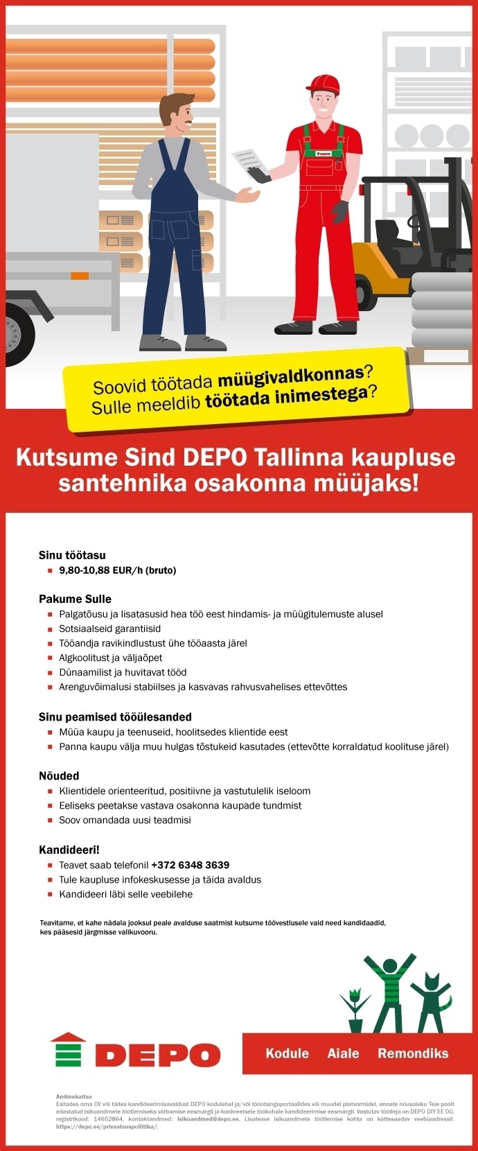 DEPO DIY EE OÜ Kutsume Sind müüjaks santehnika osakonda Tallinna DEPO kauplusesse!