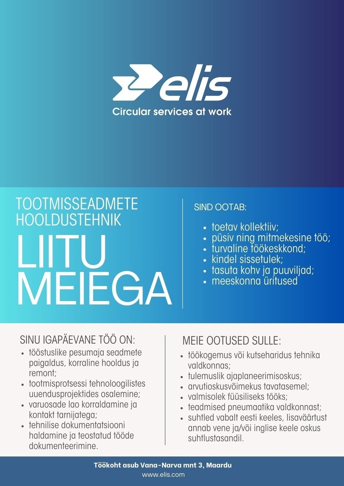 Elis Textile Service AS Tootmisseadmete hooldustehnik (Maardu)