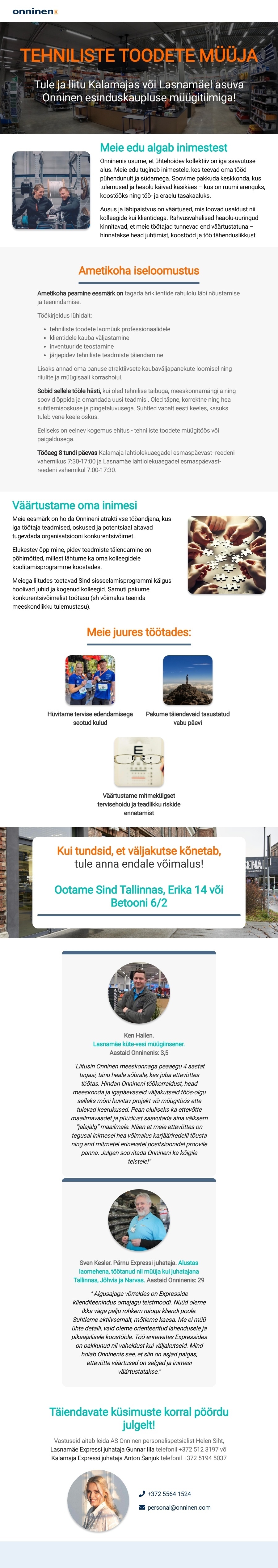 Onninen AS Tehniliste toodete müüja Tallinna Onninen esinduskaupluses