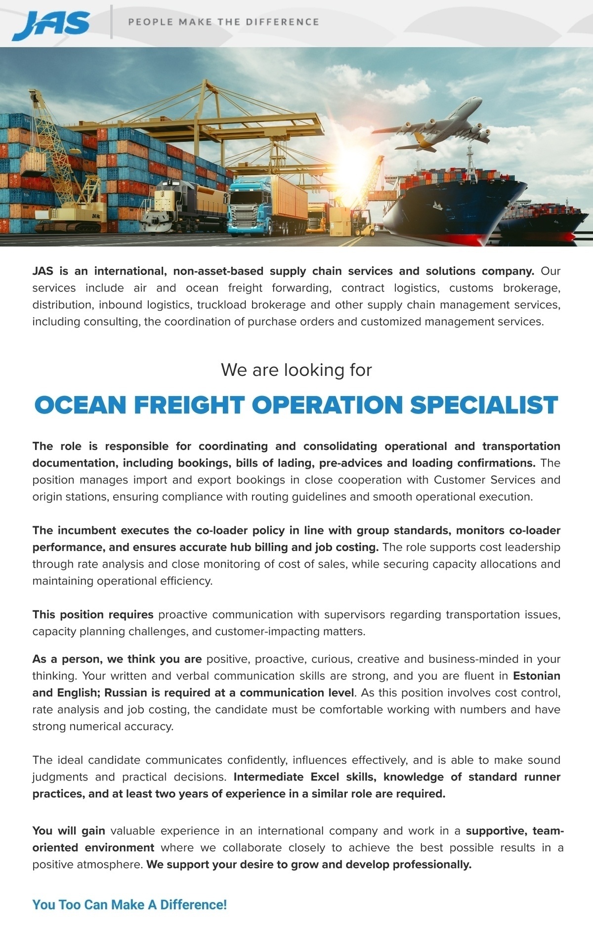 JAS Worldwide Estonia OÜ OCEAN FREIGHT OPERATION SPECIALIST
