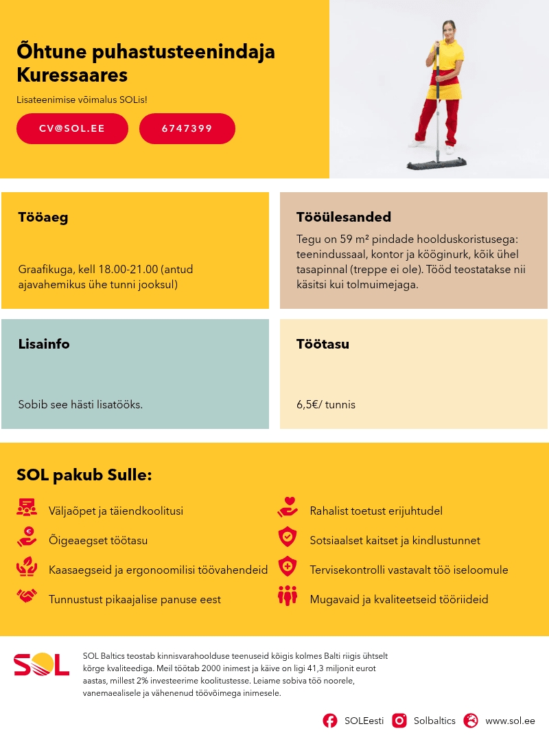 SOL Baltics OÜ Õhtune puhastusteenindaja Kuressaares