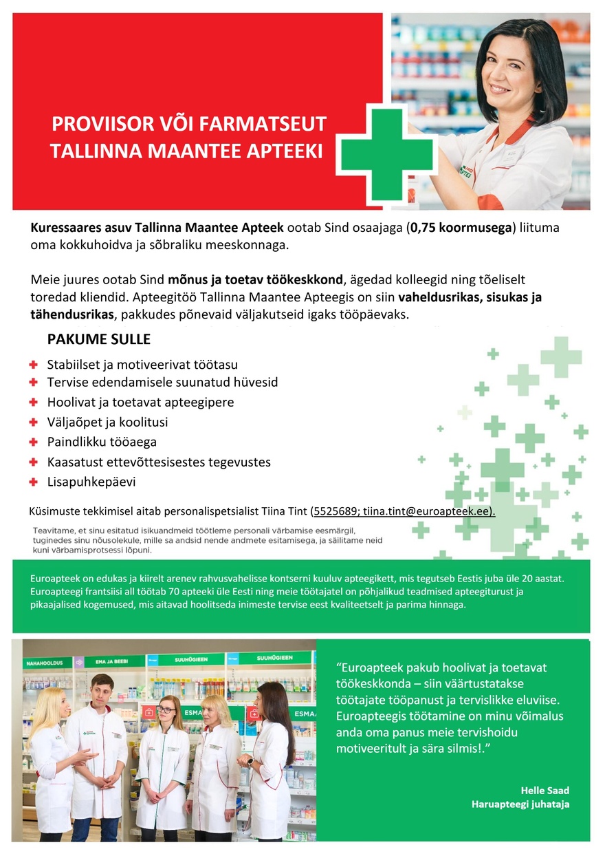 Euroapteek OÜ Proviisor või farmatseut Tallinna Maantee Apteeki (Kuressaare)