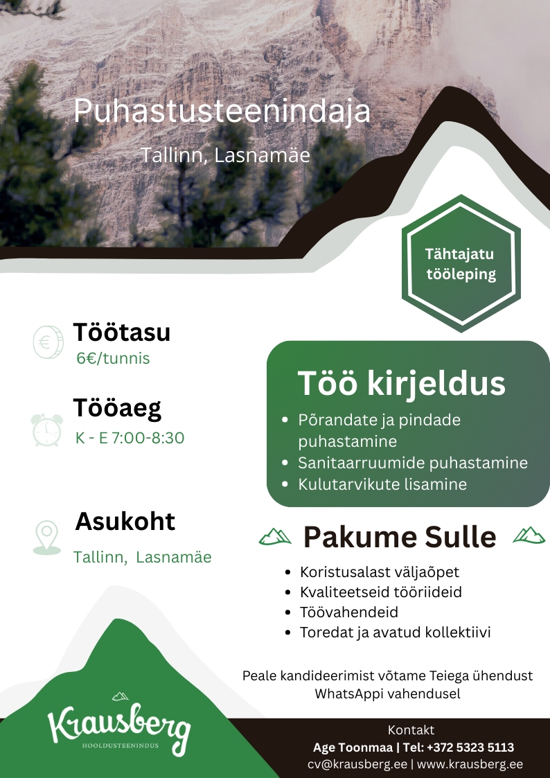 Krausberg Eesti OÜ Puhastusteenindaja, Lasnamäe (osaline tööaeg, hommikul)