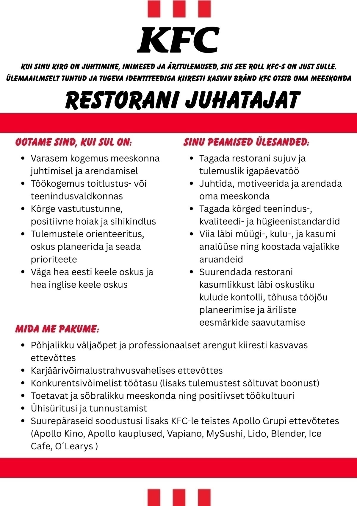 APL Fresh Food OÜ Tallinna KFC kutsub tiimi RESTORANI JUHATAJAT!