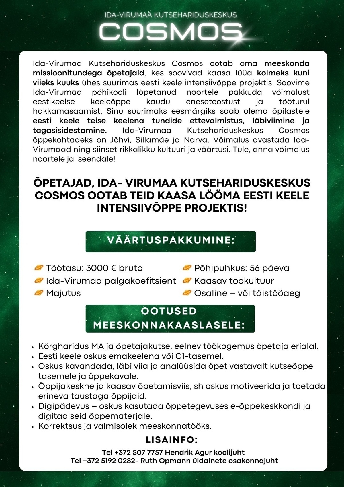 Ida-Virumaa Kutsehariduskeskus Eesti keel teise keelena õpetajad- tulge meie meeskonda!