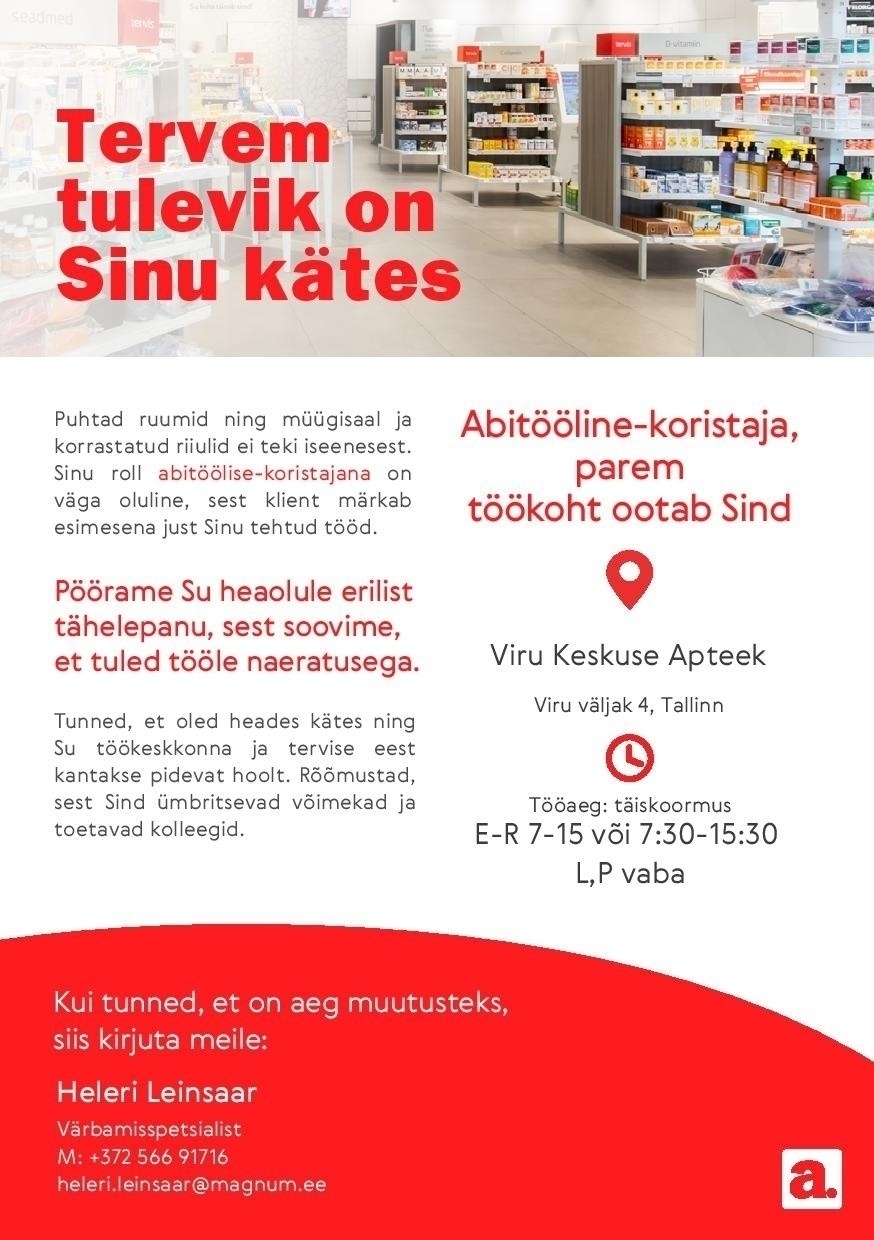 Apotheka Abitööline-koristaja Viru Keskuse Apotheka Apteeki