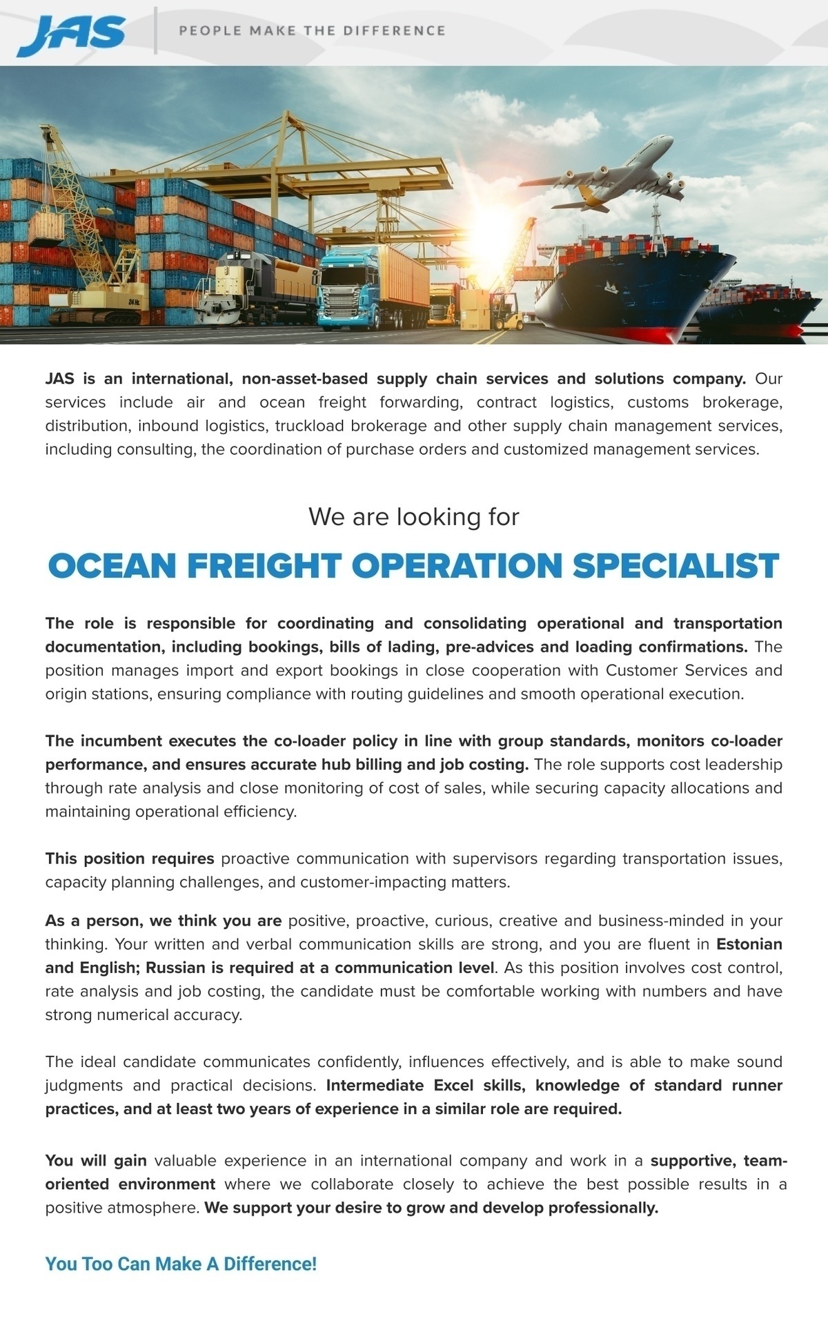 JAS Worldwide Estonia OÜ OCEAN FREIGHT OPERATION SPECIALIST