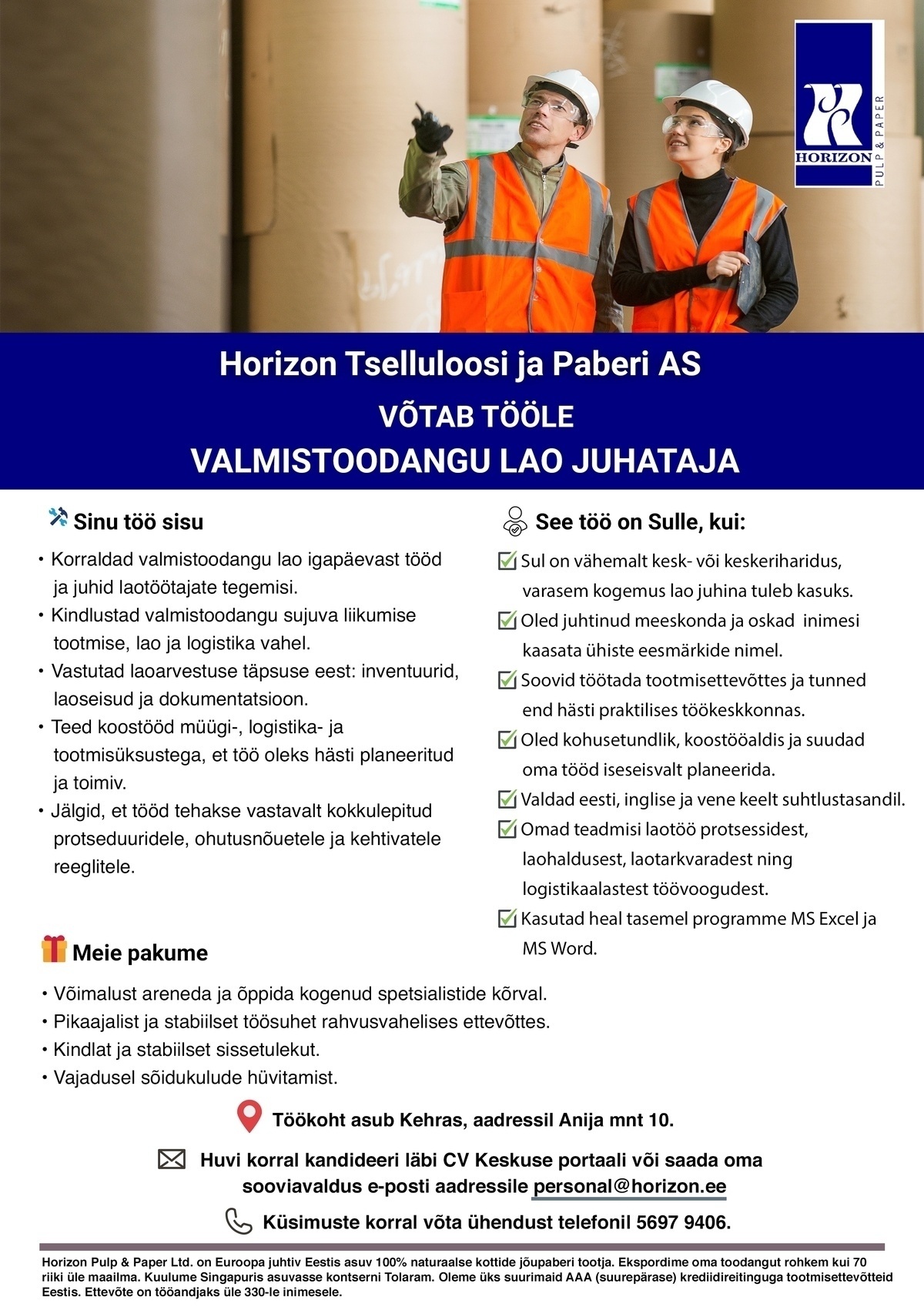 Horizon Tselluloosi ja Paberi AS VALMISTOODANGU LAO JUHATAJA