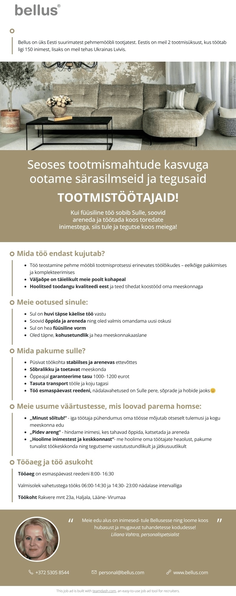 Bellus Furniture OÜ TOOTMISTÖÖTAJA