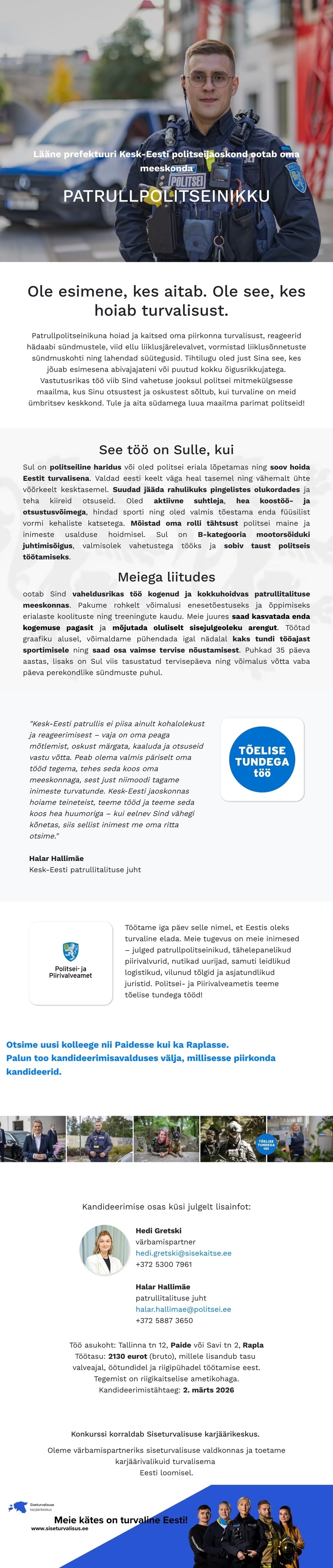 Siseturvalisuse karjäärikeskus Kesk-Eesti politseijaoskonna patrullpolitseinik
