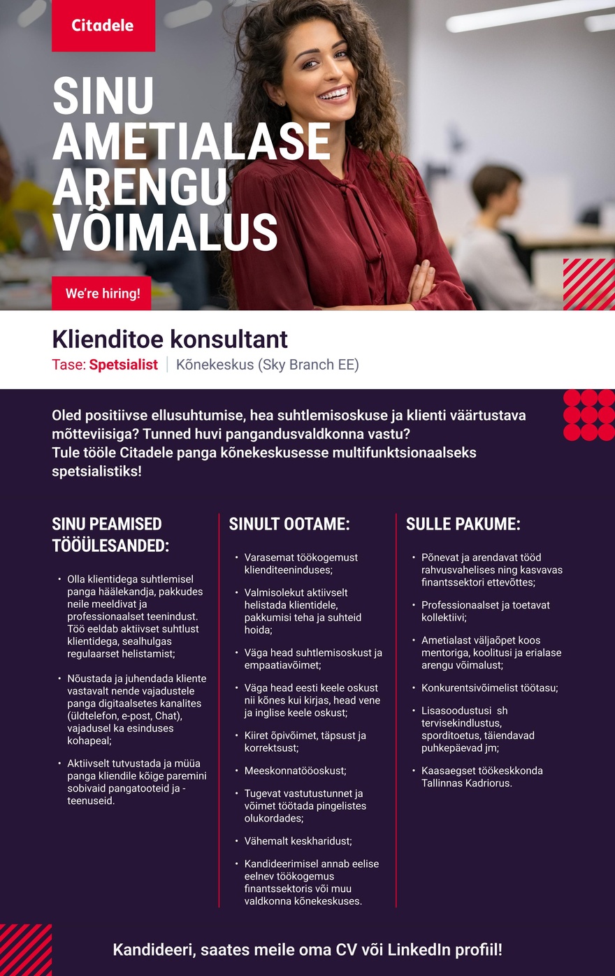 AS CITADELE BANKA EESTI FILIAAL Klienditoe konsultant
