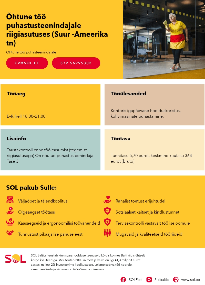 SOL Baltics OÜ Õhtune töö puhastusteenindajale riigiasutuses (Suur -Ameerika tn)