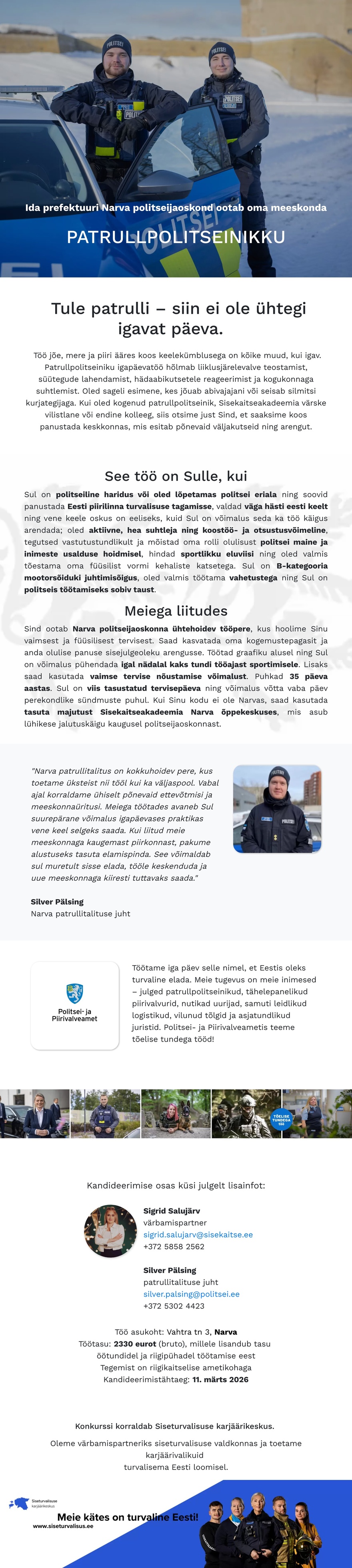 Siseturvalisuse karjäärikeskus Narva politseijaoskonna patrullpolitseinik