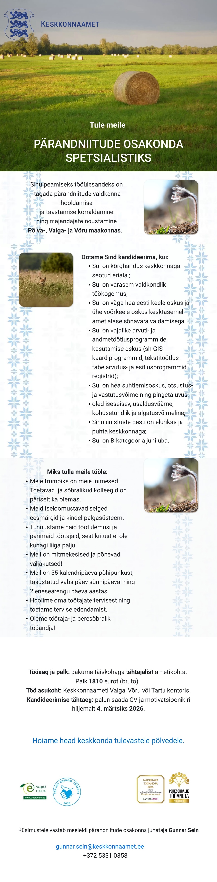 Keskkonnaamet Pärandniitude osakonna spetsialist (tähtajaline)