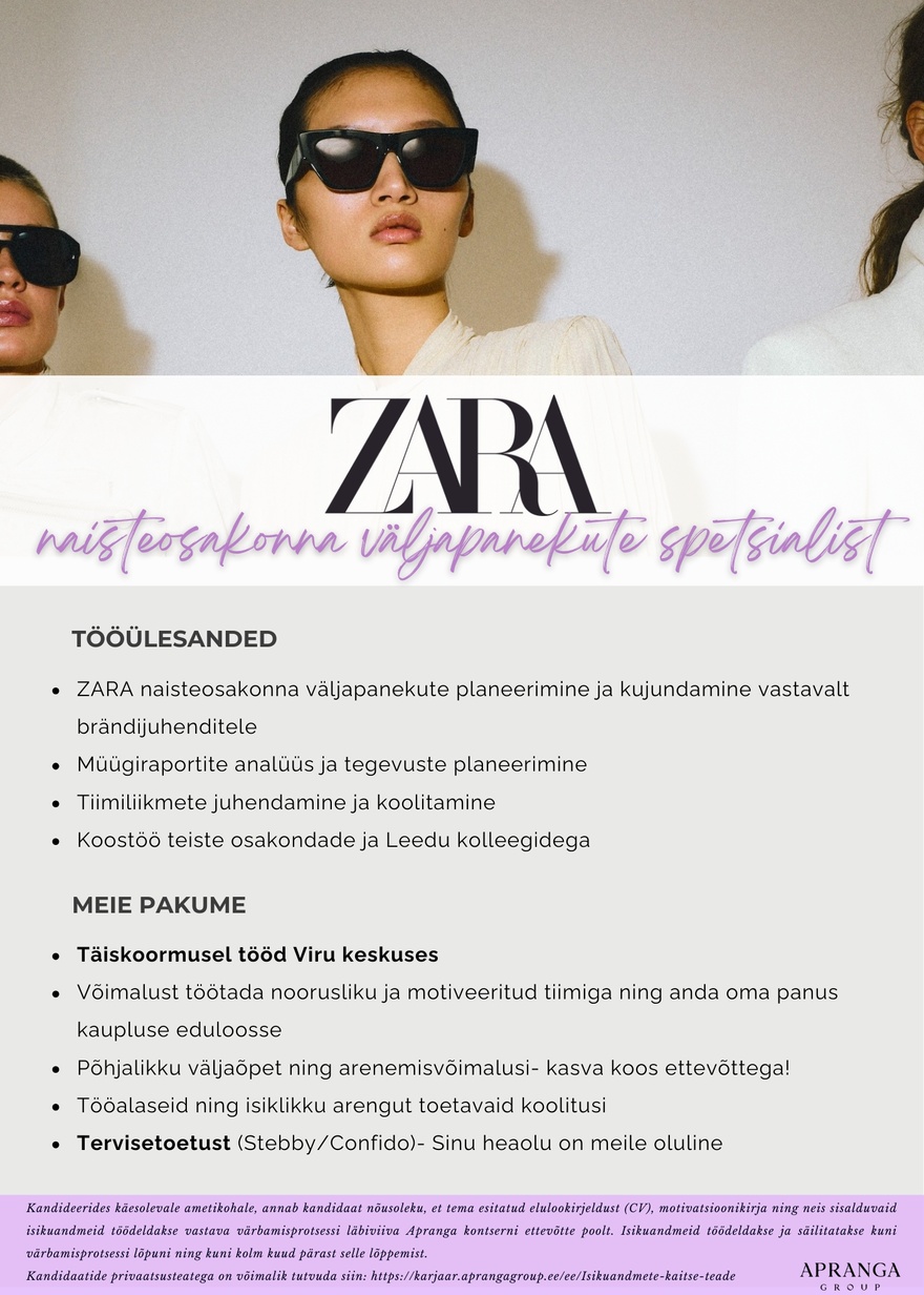 Apranga OÜ ZARA naisteosakonna väljapanekute spetsialist