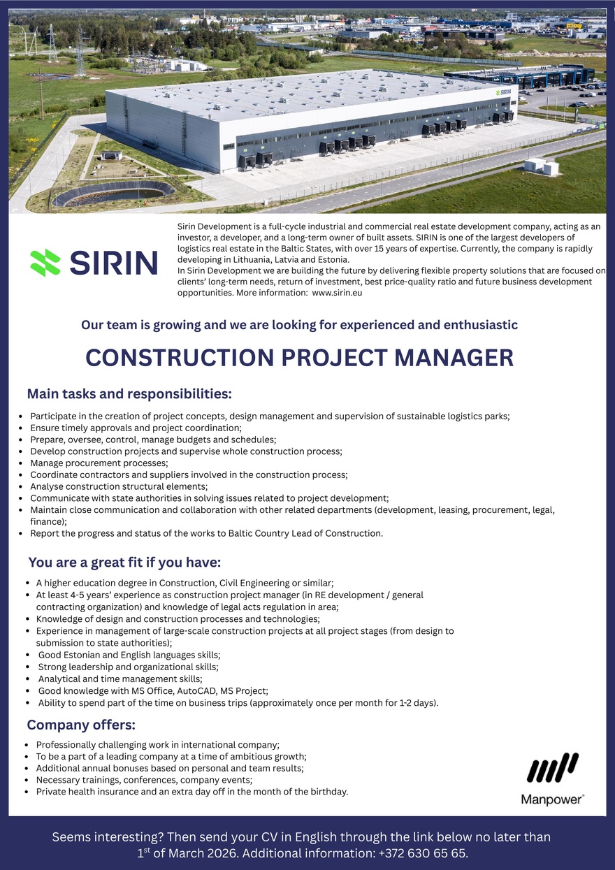Manpower OÜ CONSTRUCTION PROJECT MANAGER