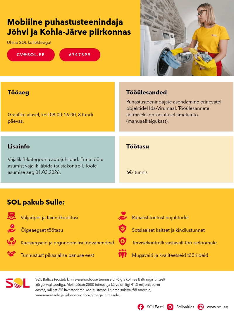 SOL Baltics OÜ Mobiilne puhastusteenindaja Jõhvi ja Kohla-Järve piirkonnas