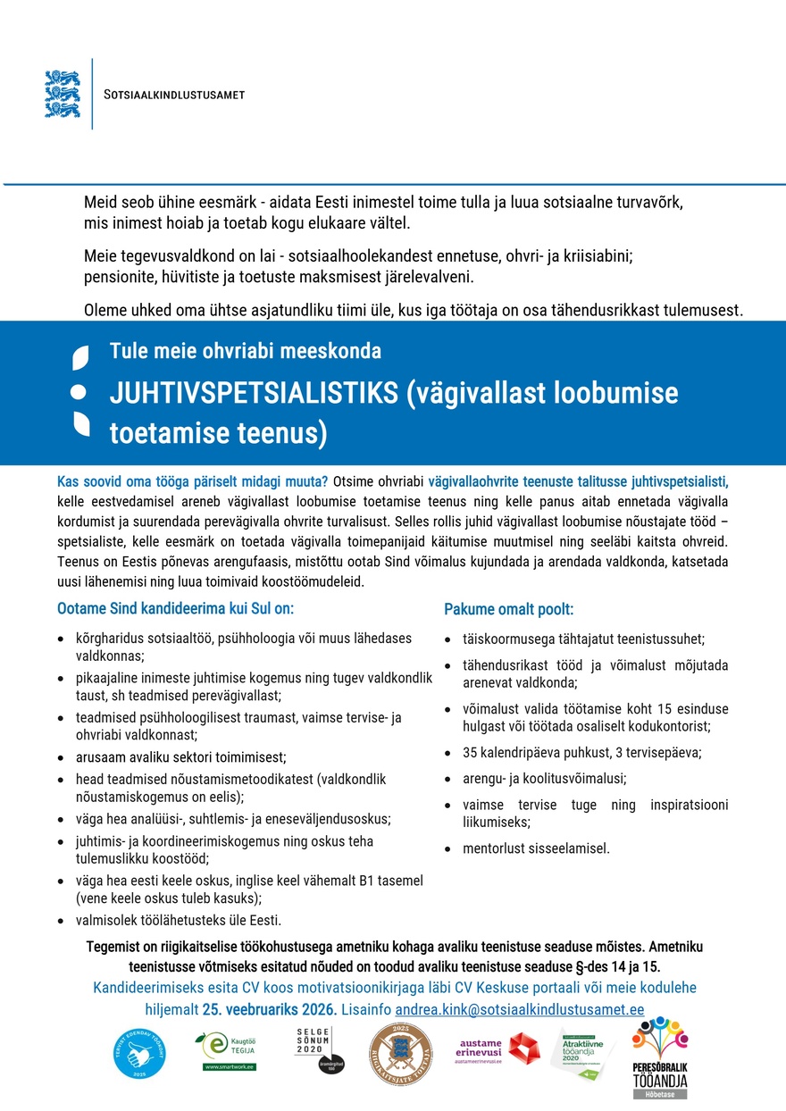 Sotsiaalkindlustusamet Juhtivspetsialist (vägivallast loobumise toetamise teenus)