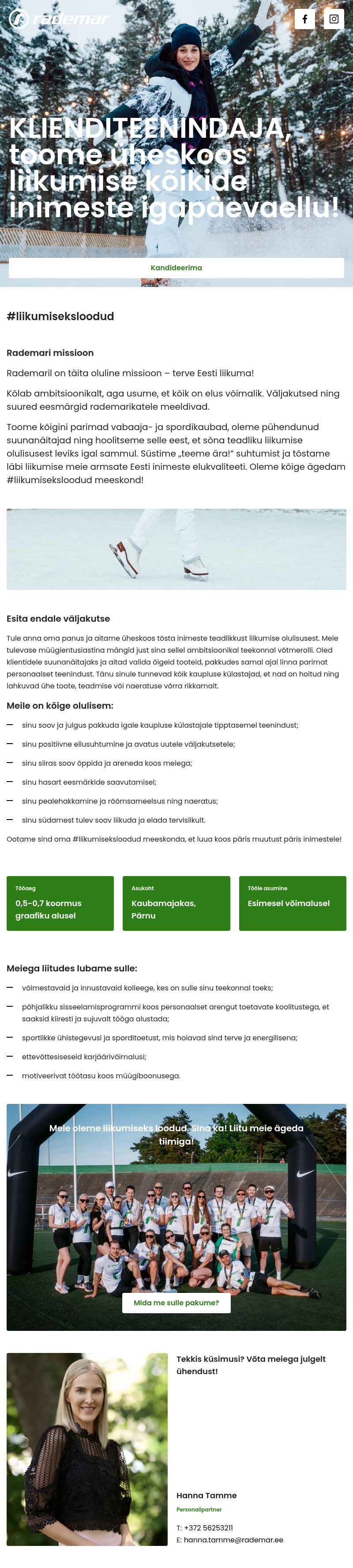 Rademar OÜ Klienditeenindaja- Tule anna oma panus Kaubamajaka Rademari tiimile!