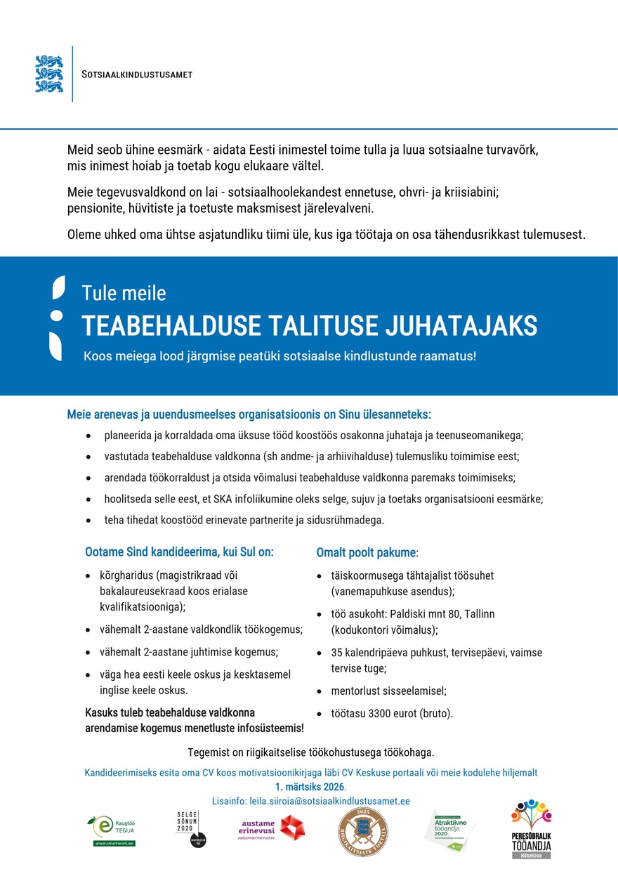 Sotsiaalkindlustusamet Teabehalduse talituse juhataja