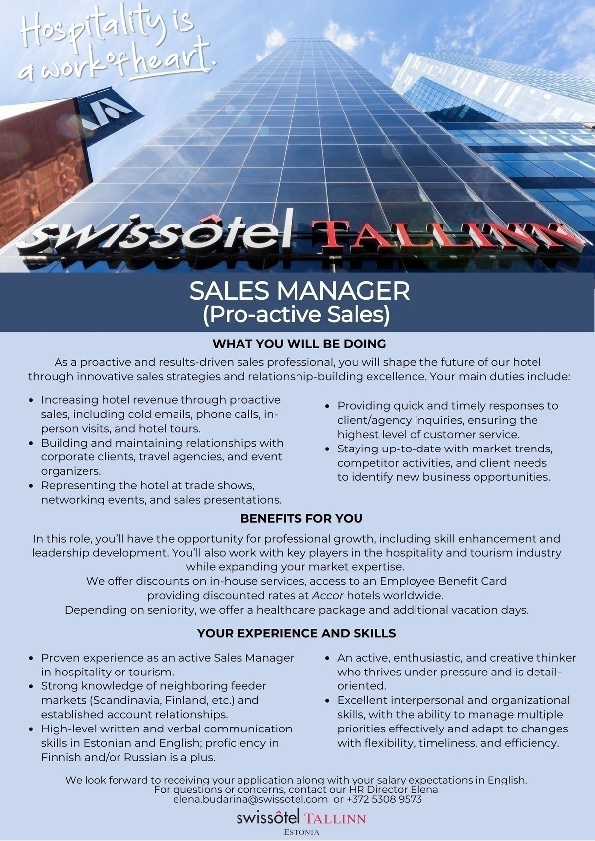 SWISSOTEL ESTONIA OÜ Sales Manager (Pro-active Sales)
