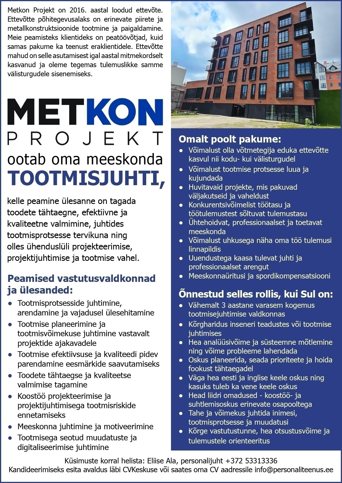 Metkon Projekt OÜ Tootmisjuht