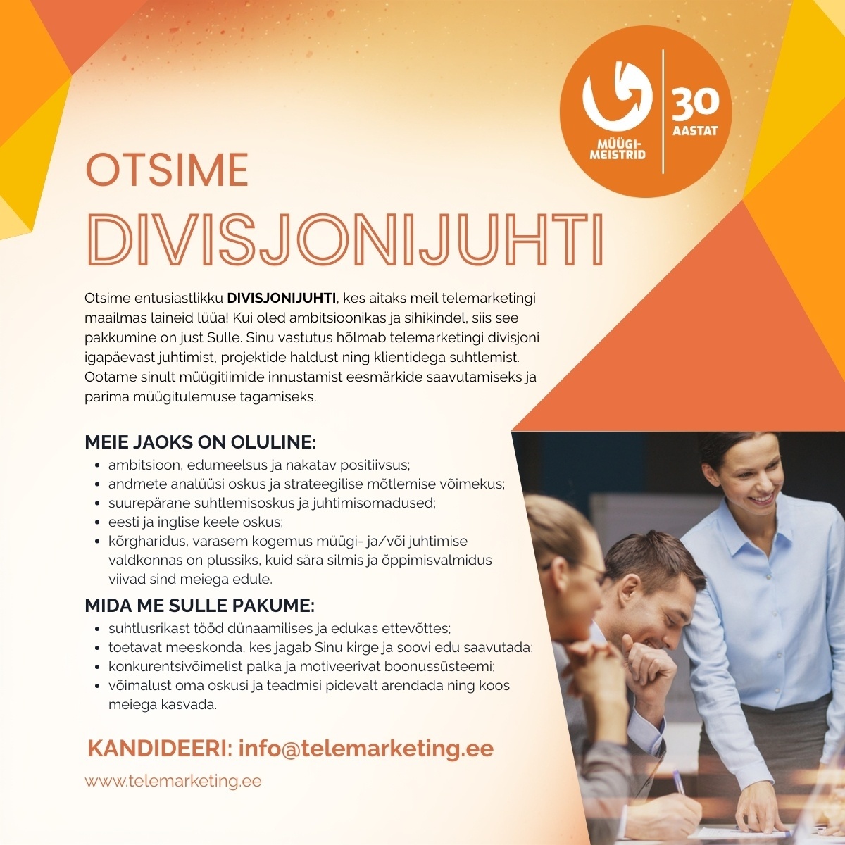 Müügimeistrite AS Telemarketingi divisjonijuht Tallinnas