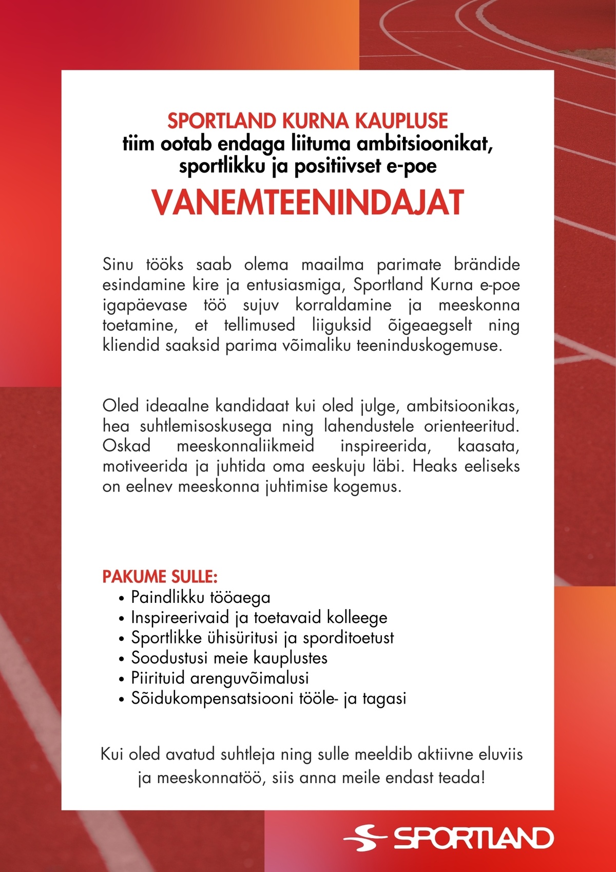 Sportland Eesti Sportland Kurna e-poe vanemteenindaja