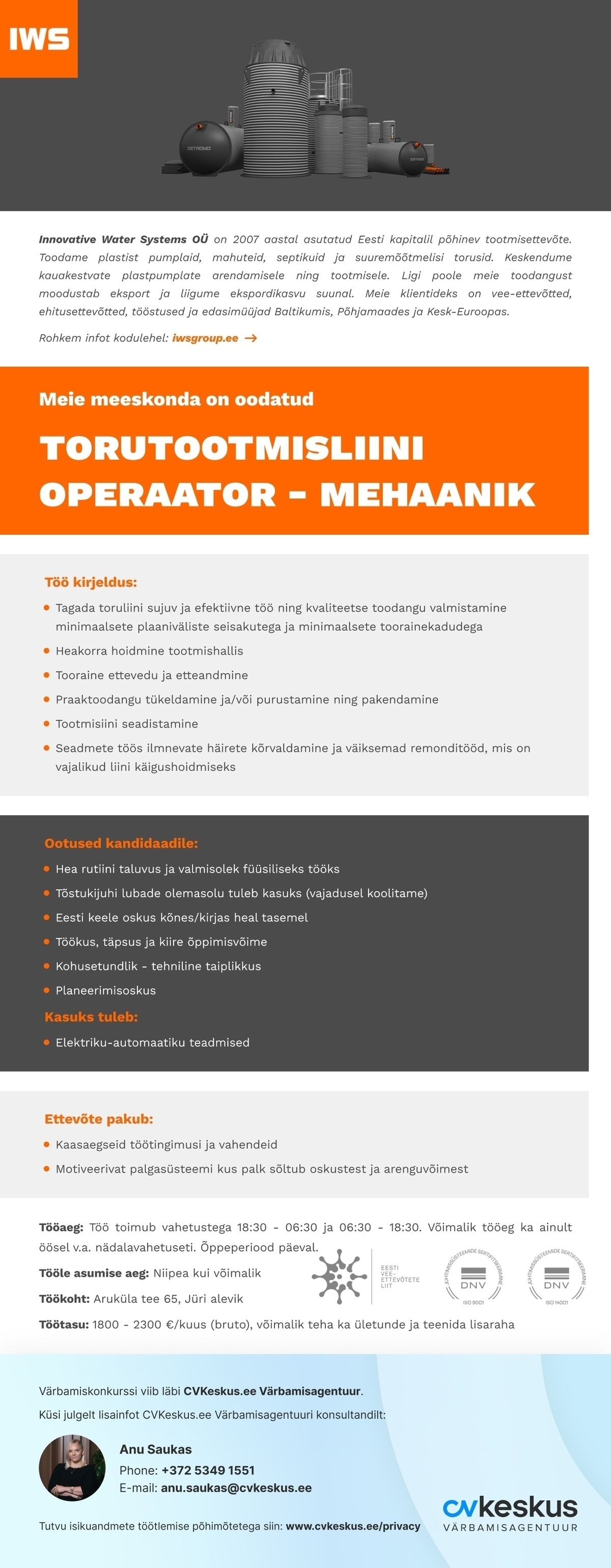 Innovative Water Systems OÜ TORUTOOTMISLIINI OPERAATOR-MEHAANIK