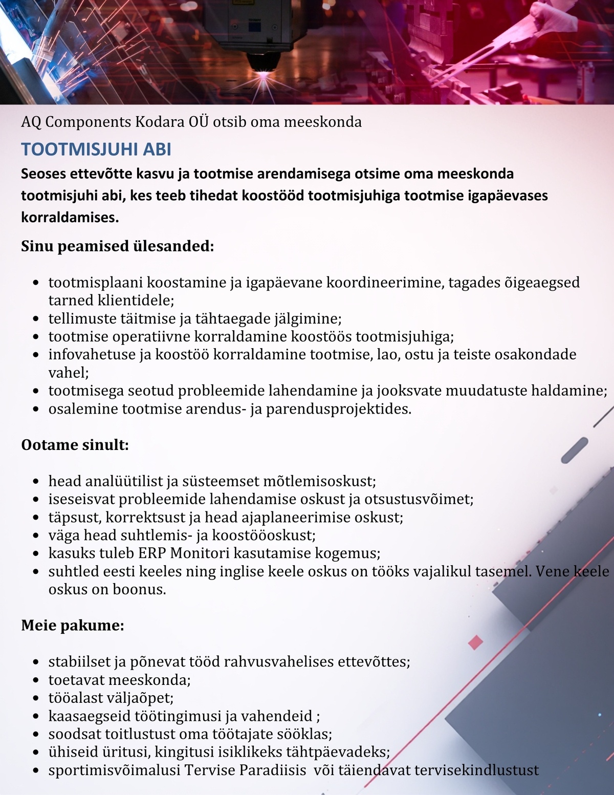 AQ Components Kodara OÜ Tootmisjuhi abi