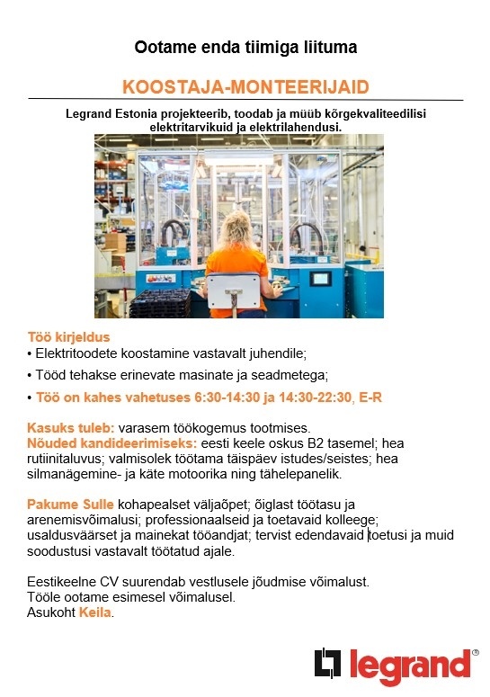 Legrand Estonia OÜ Koostaja-monteerija