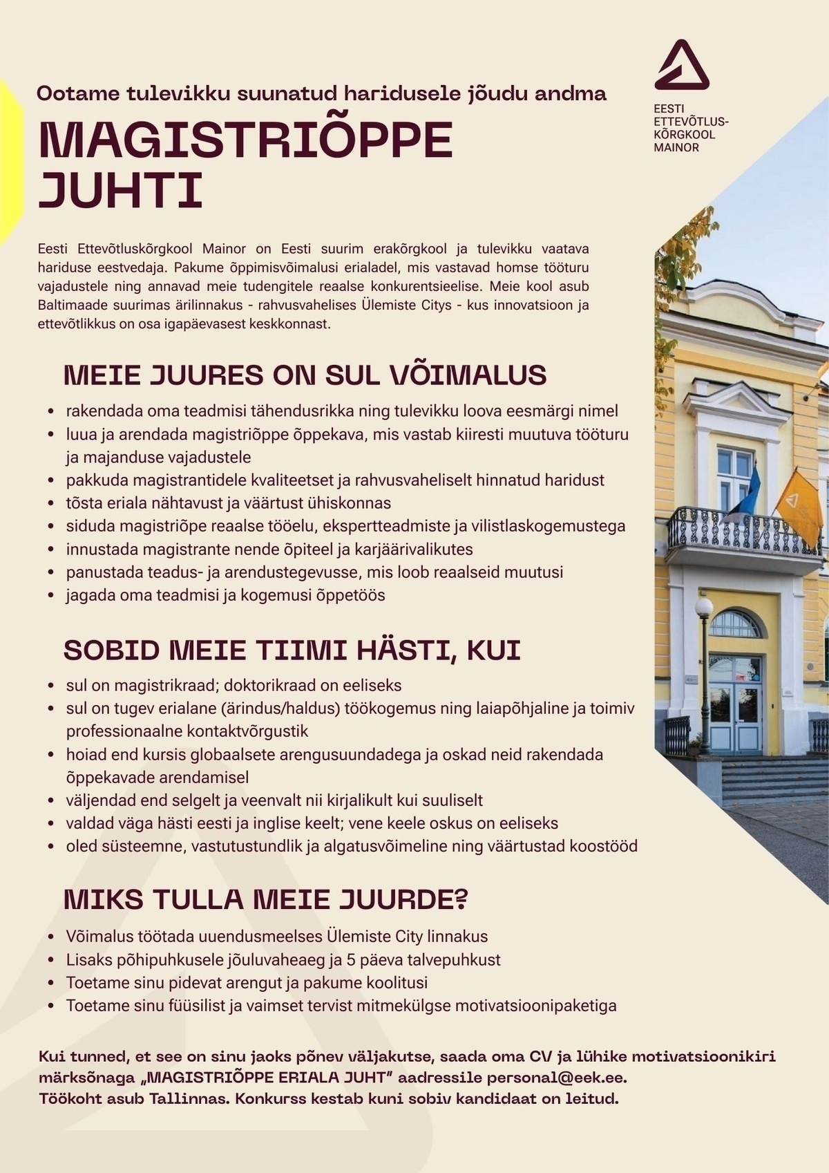 AS Eesti Ettevõtluskõrgkool Mainor Magistriõppe juht