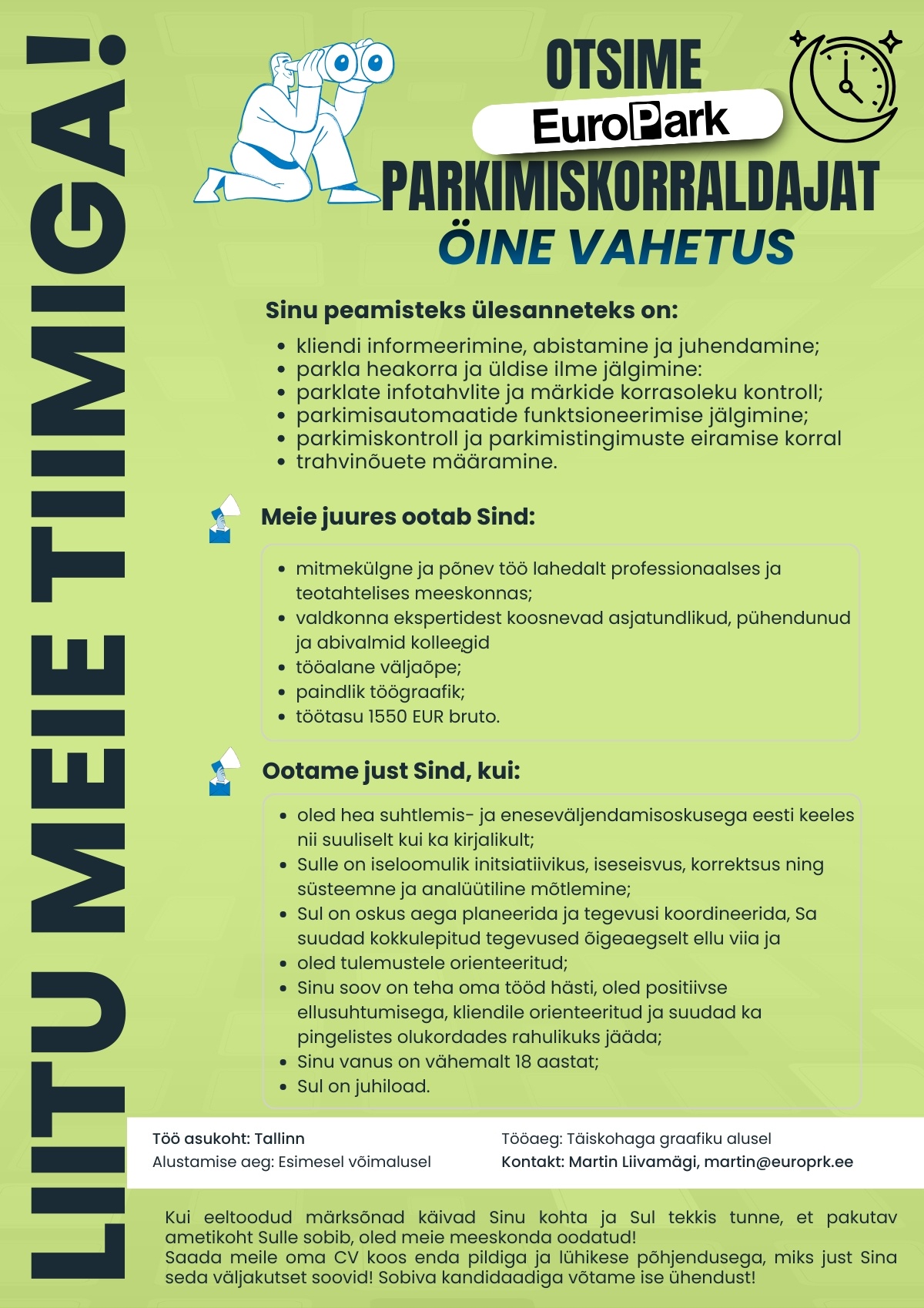 EuroPark Estonia OÜ Parkimiskorraldaja (öine vahetus)