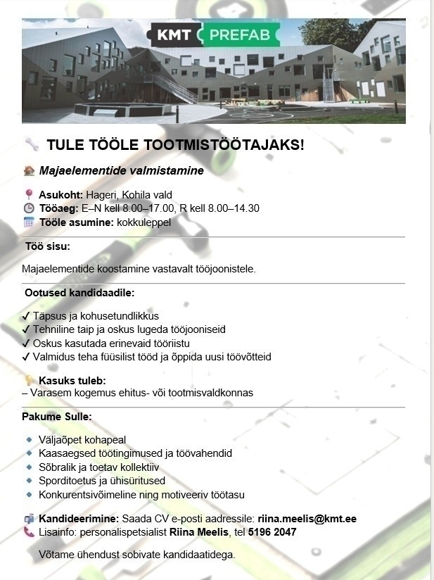 KMT PREFAB OÜ TOOTMISTÖÖTAJA