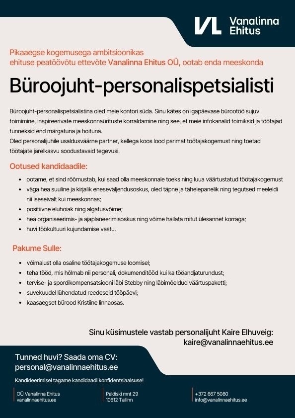 VANALINNA EHITUS OÜ Büroojuht-personalispetsialist