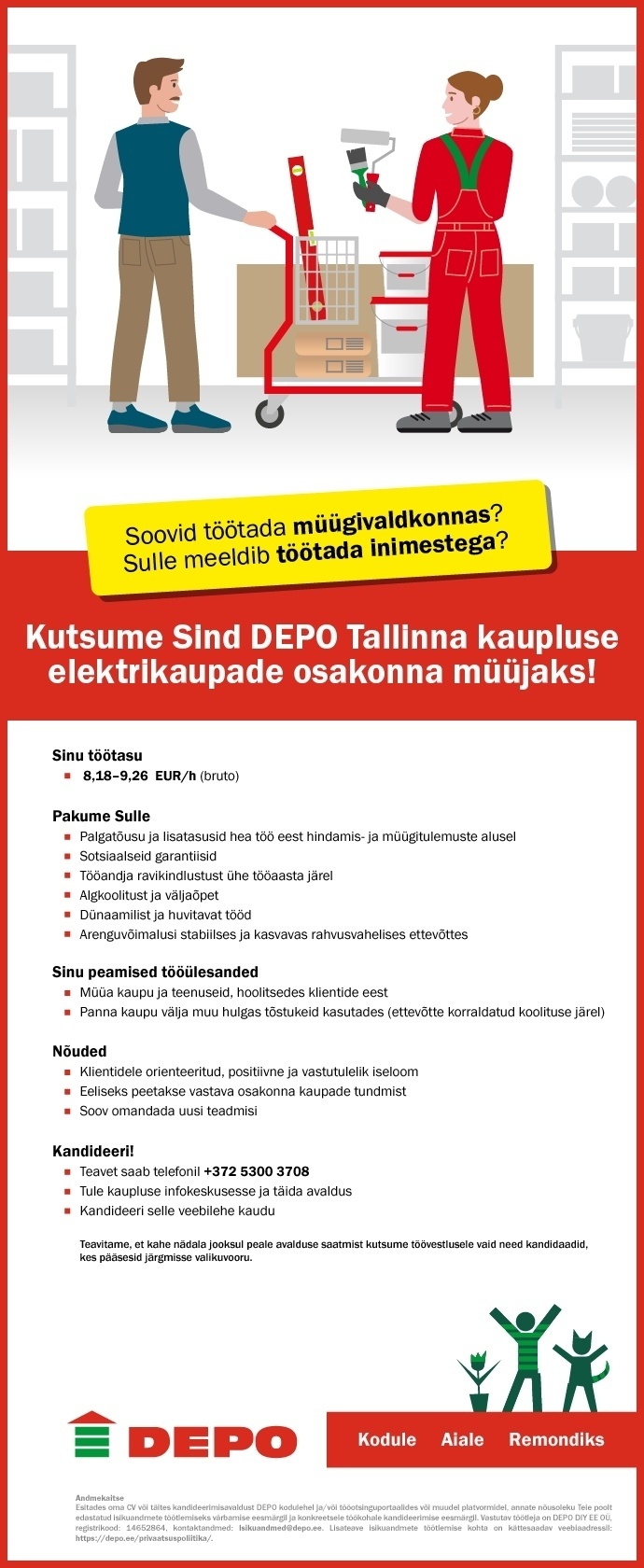 DEPO DIY EE OÜ Kutsume Sind DEPO Tallinna kaupluse elektrikaupade osakonna müüjaks