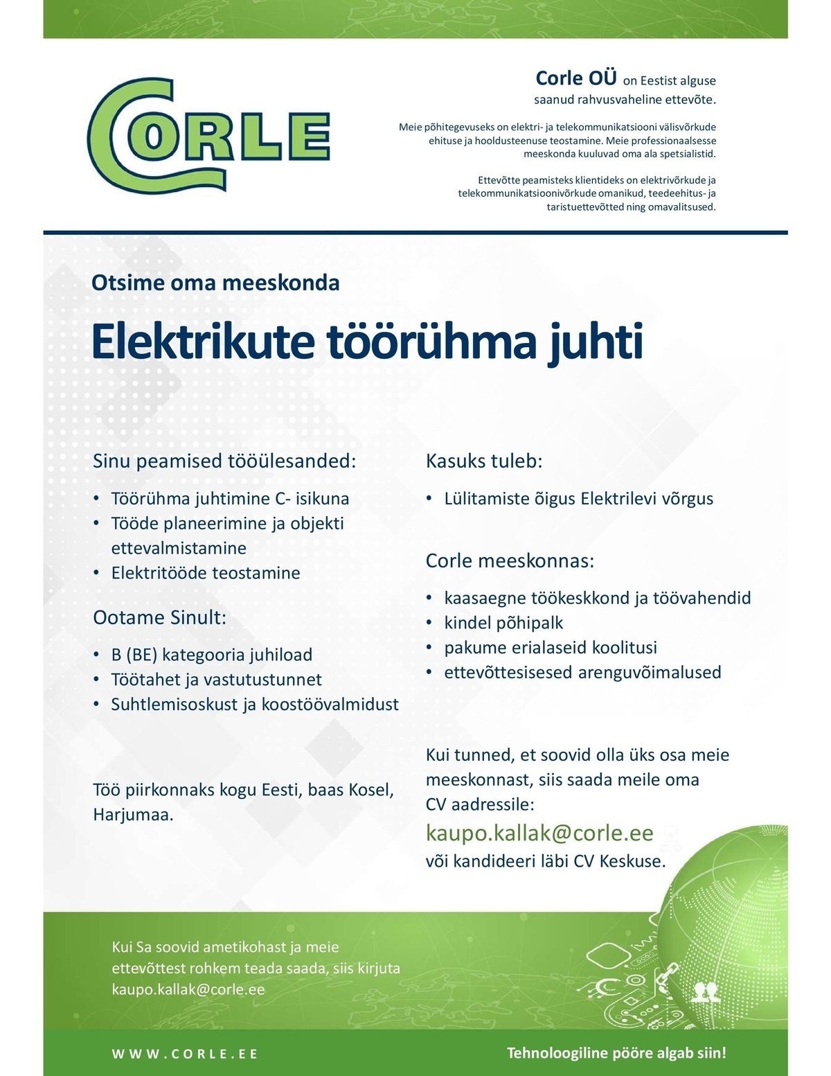 CORLE OÜ Elektritööde töörühma juht