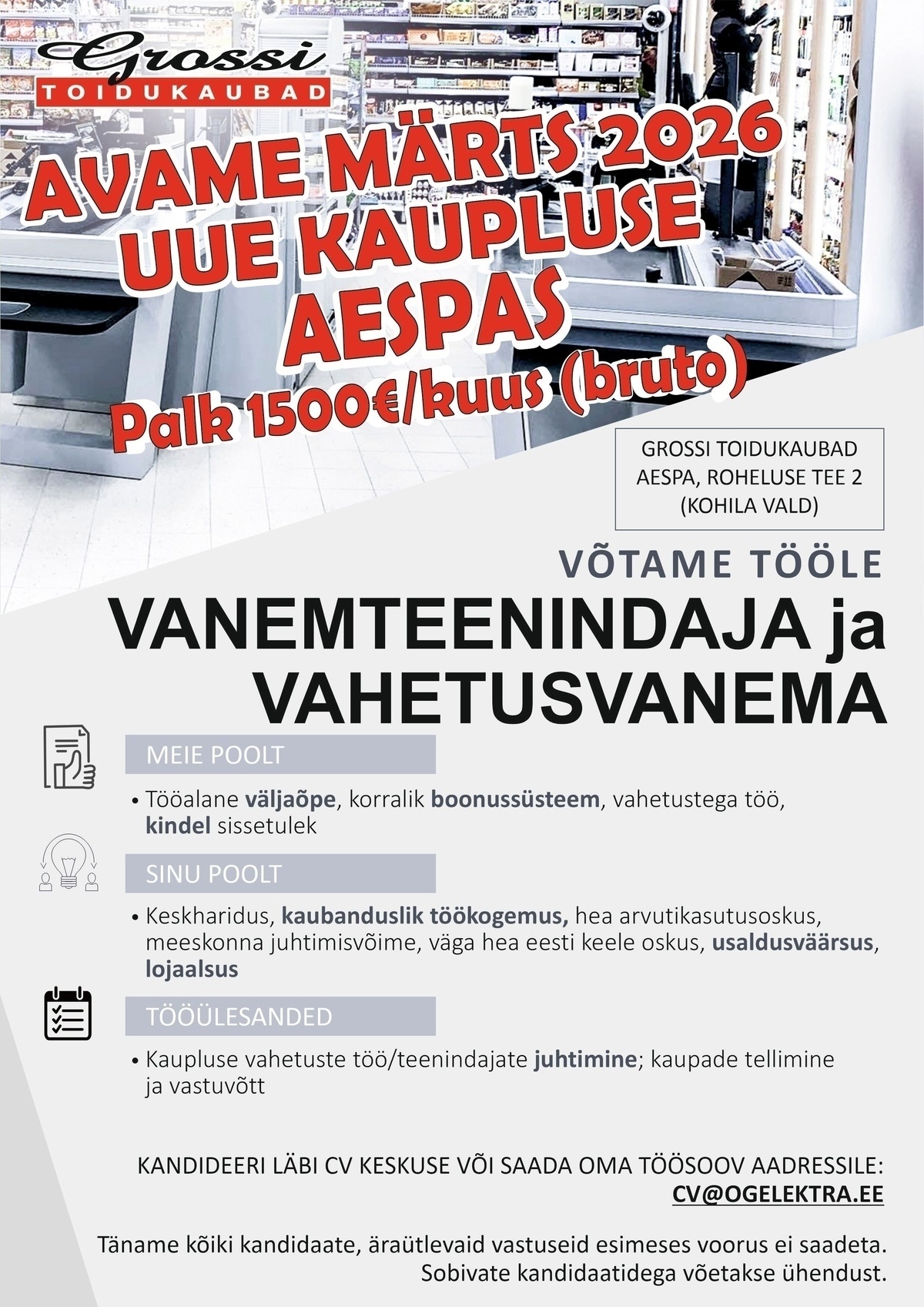 OG Elektra AS Vanemteenindaja ja vahetusvanem (UUS kauplus Aespas)