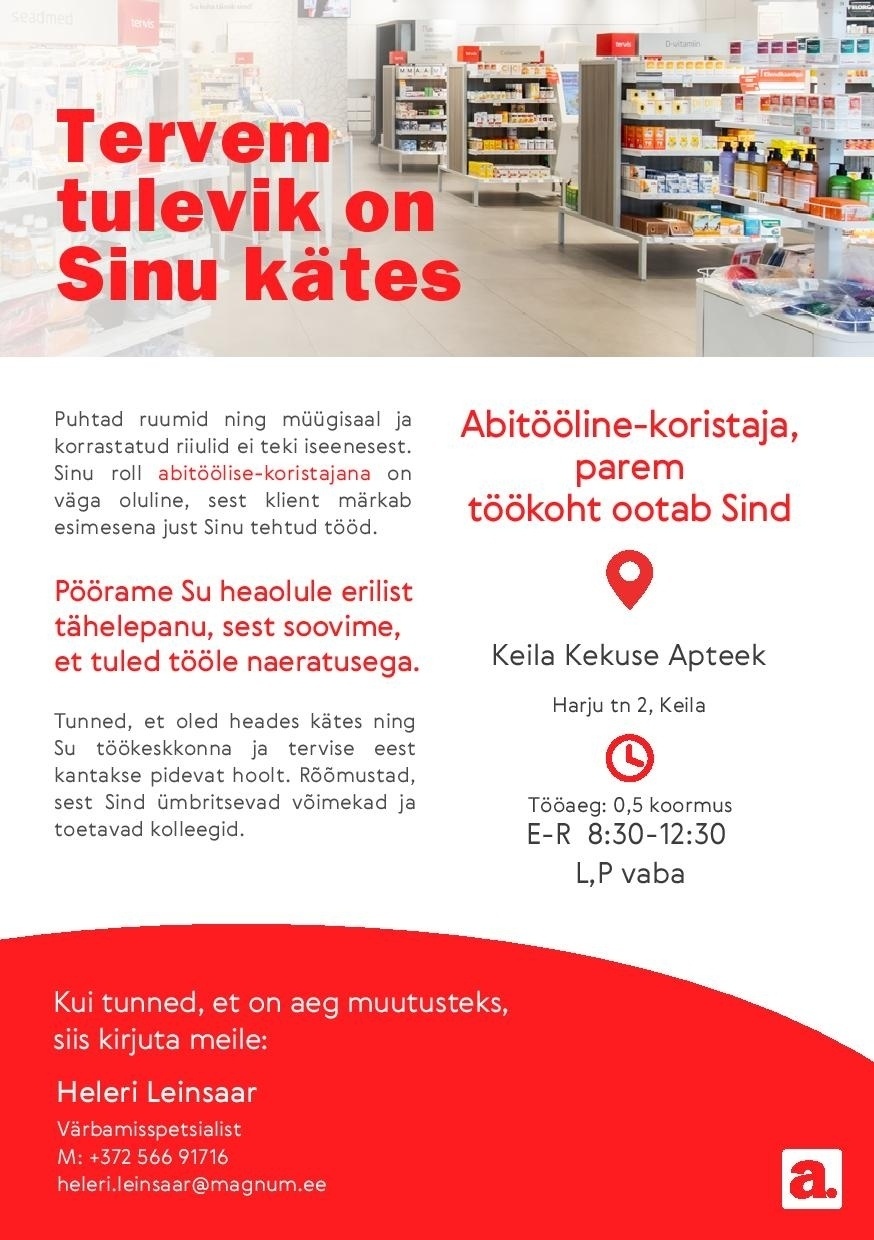 Apotheka Abitööline-koristaja Keila Keskuse Apotheka Apteeki