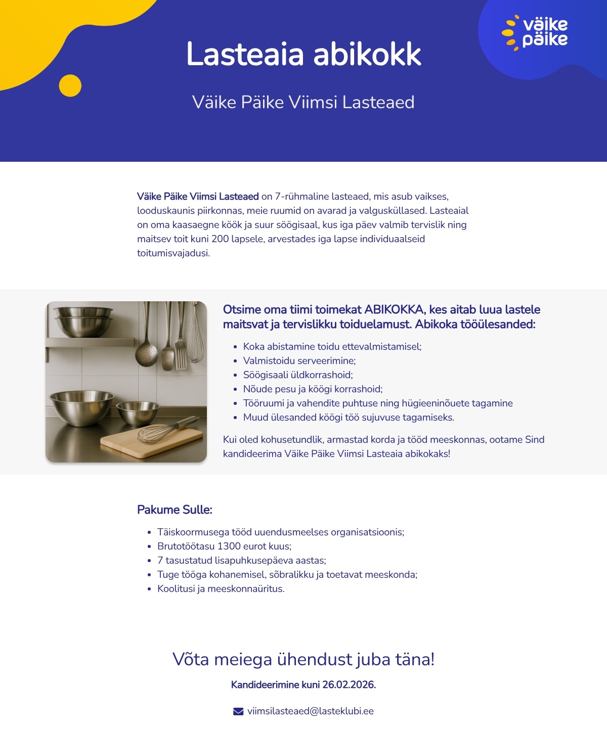 Väike Päike Viimsi Lasteaed Lasteaia abikokk