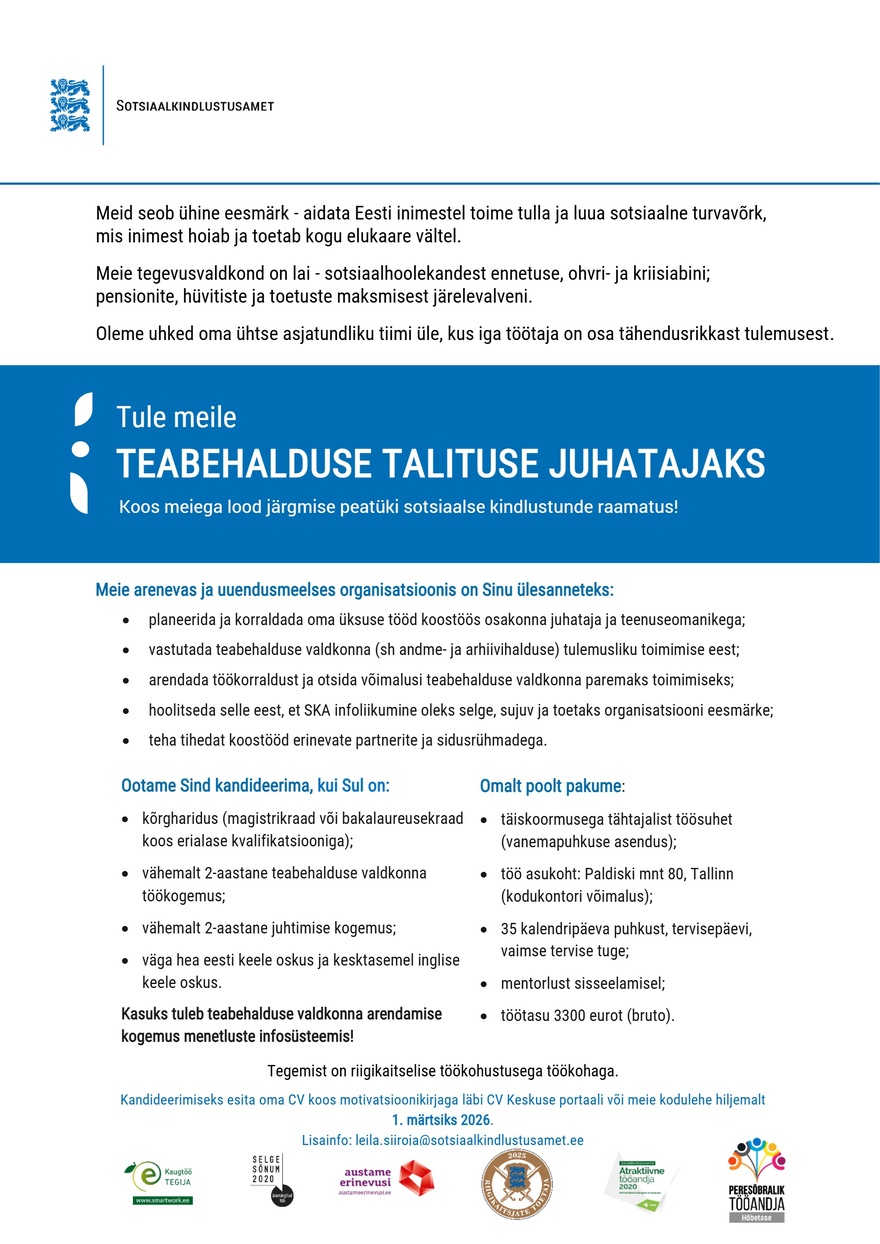 Sotsiaalkindlustusamet Teabehalduse talituse juhataja