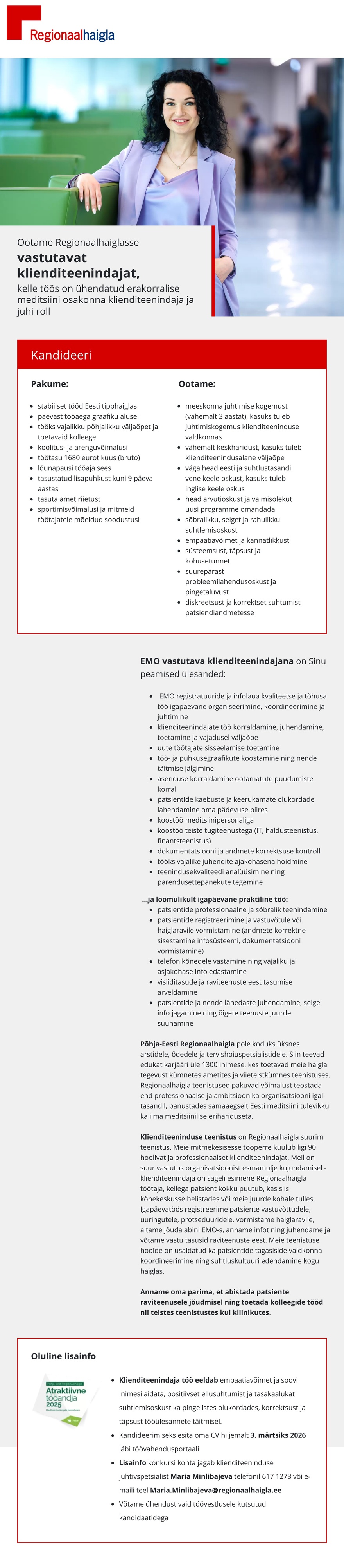 Põhja-Eesti Regionaalhaigla Vastutav klienditeenindaja