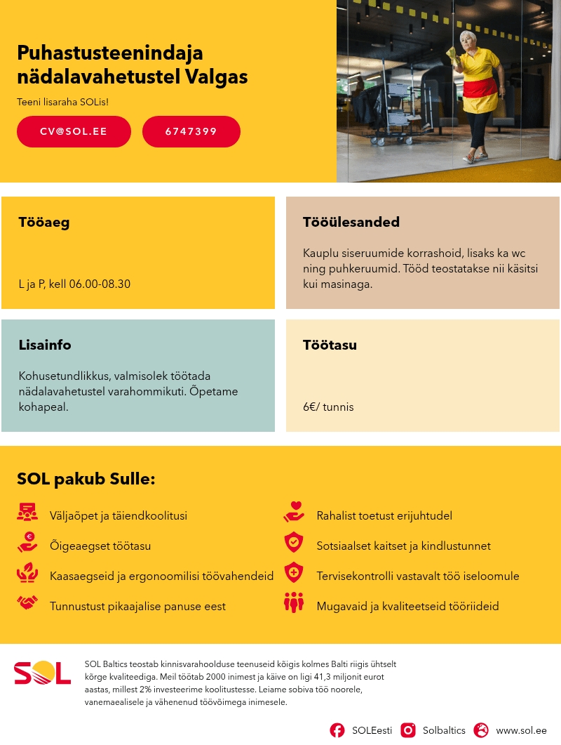 SOL Baltics OÜ Puhastusteenindaja nädalavahetustel Valgas