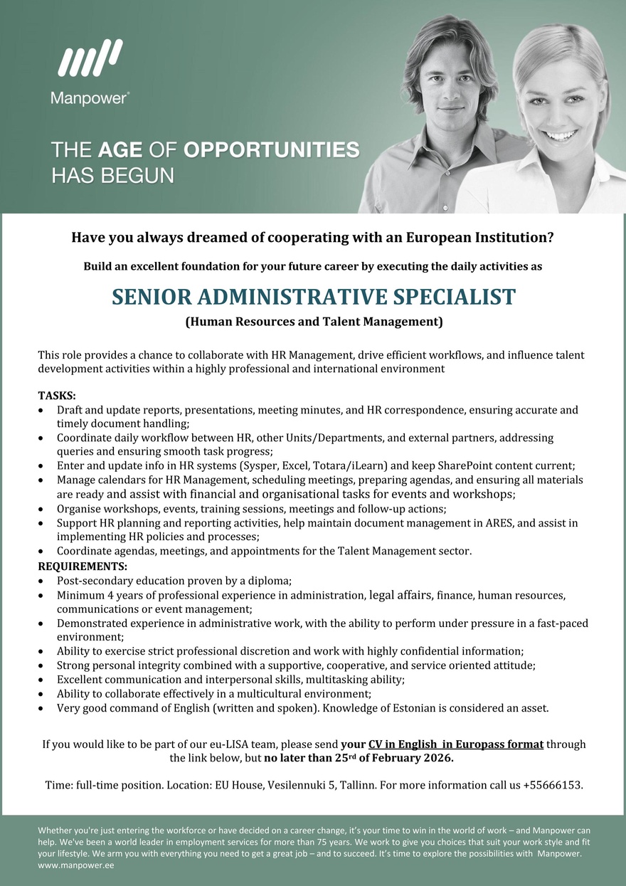 Manpower SENIOR ADMINISTRATIVE SPECIALIST_HR (eu-Lisa)