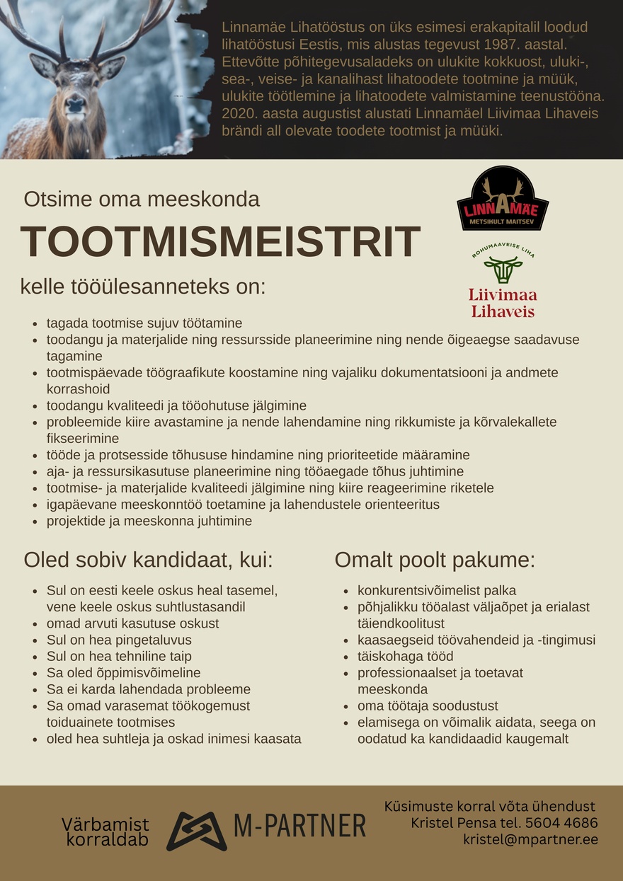 M-Partner HR Linnamäe Lihatööstus tootmismeister