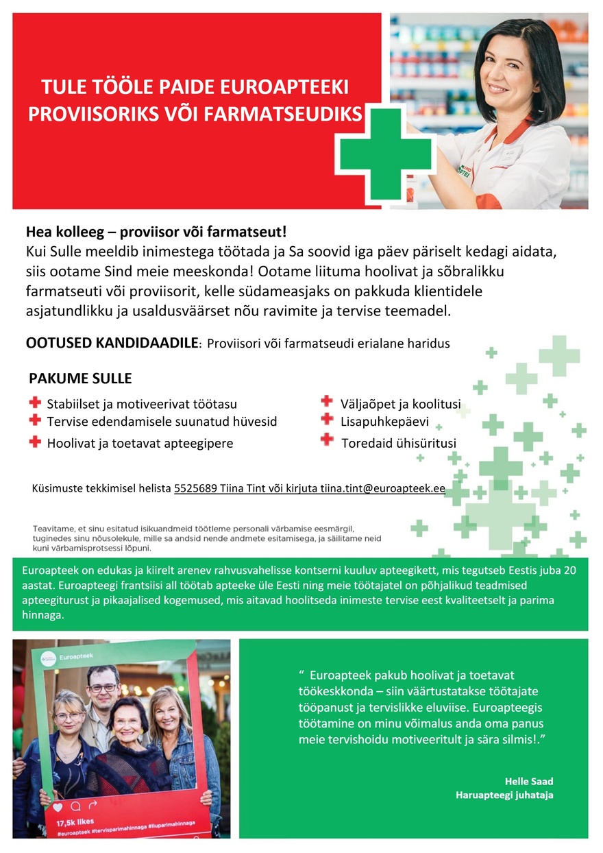 Euroapteek OÜ Proviisor või farmatseut Paide Euroapteeki