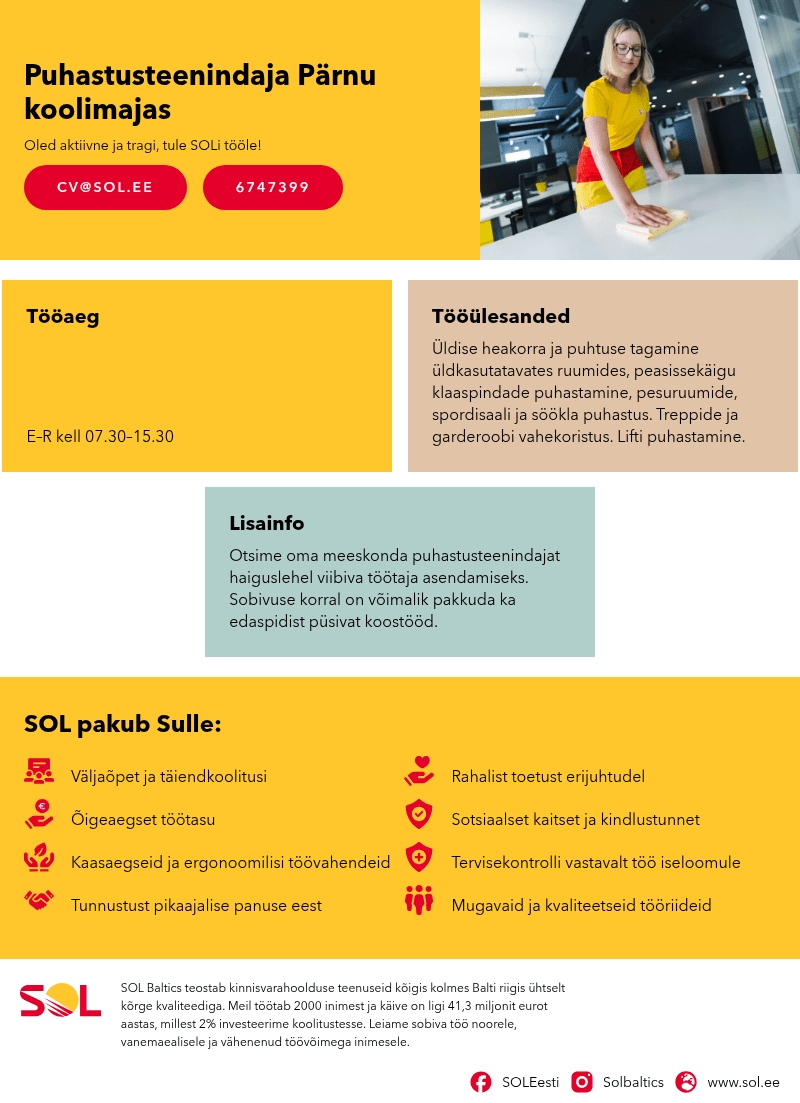 SOL Baltics OÜ Puhastusteenindaja Pärnu koolimajas
