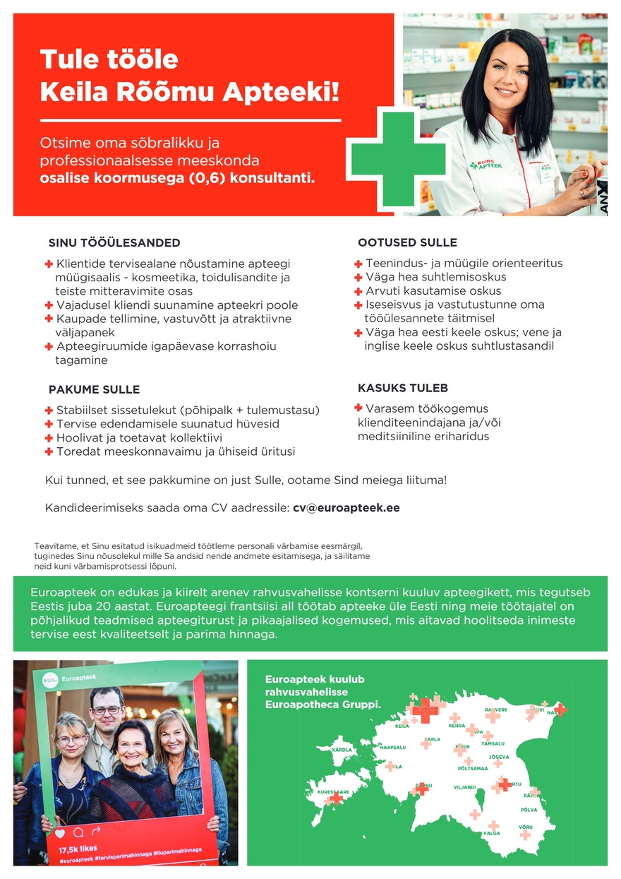 Euroapteek OÜ Keila Rõõmu Apteegi konsultant 0,6 koormusega