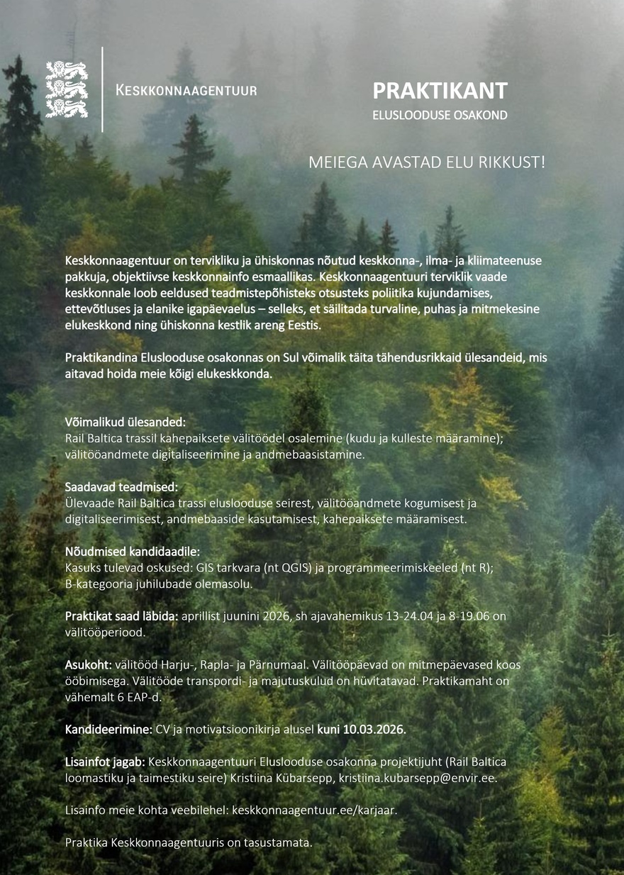 Keskkonnaagentuur PRAKTIKANT (Eluslooduse osakond, Rail Baltic)