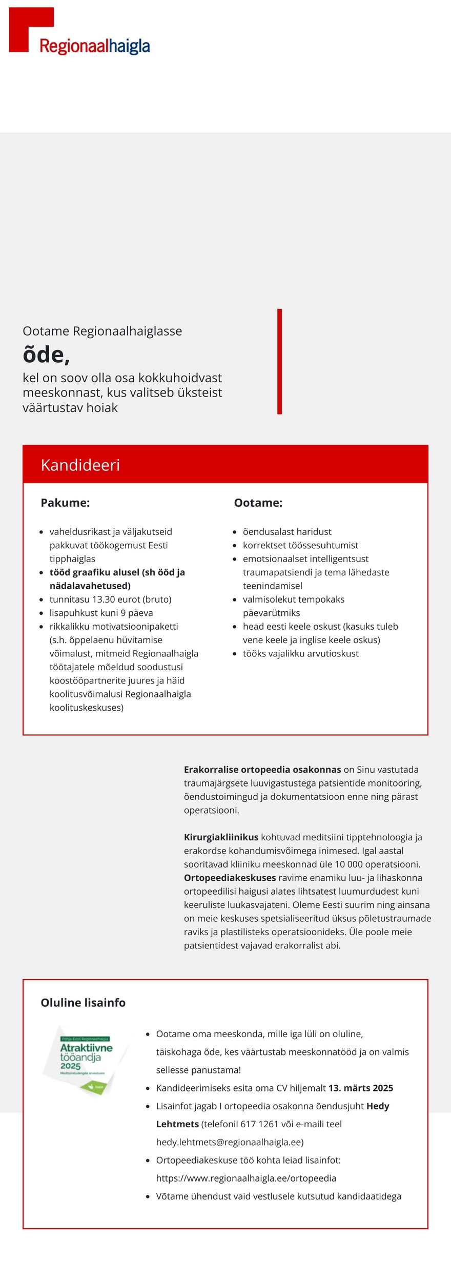 Põhja-Eesti Regionaalhaigla Õde I ortopeedia osakonda